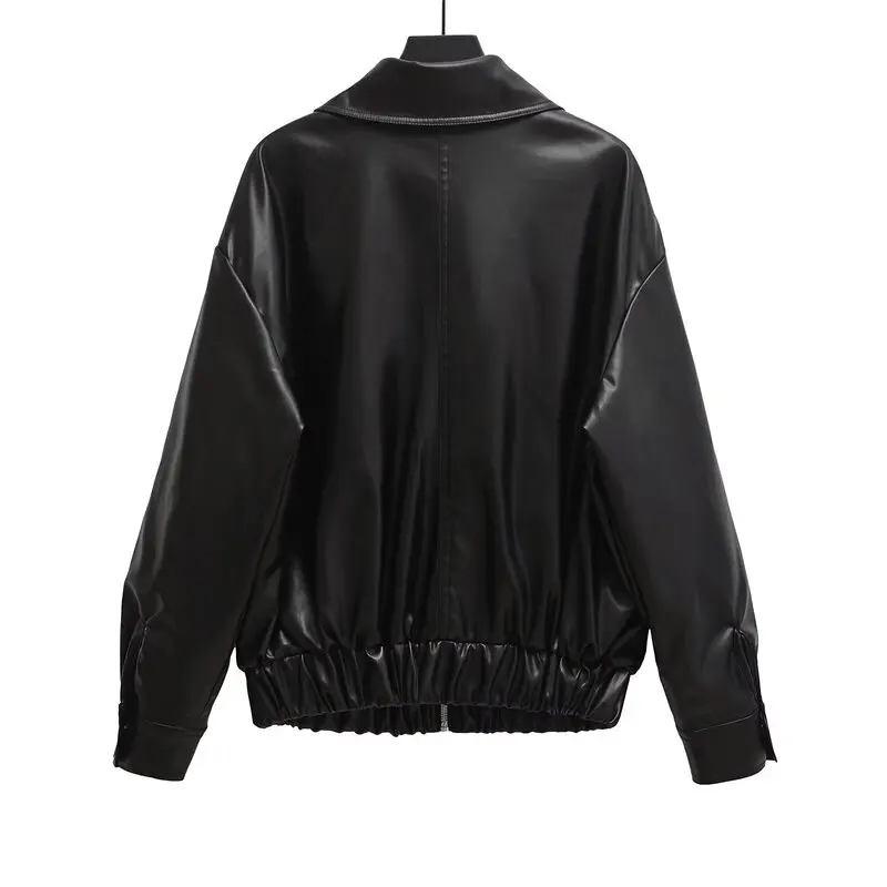 หลวมยาว Sve หนัง Faux Jaet ใหม่ฤดูใบไม้ร่วงฤดูหนาวผู้หญิง Faion Collarl เสื้อ Sli เดินทาง Sle Jacket