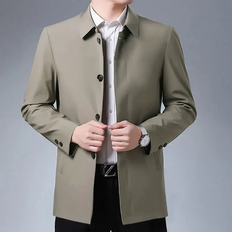 Mens Spring Coat 2024 New Arrival Men's Business Casual Black Khaki Long Jacket Top Quality Single Breasted Solid Trench