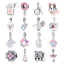 100% 925 Silver Color Lovely Pink Kitten Dog Paw Beads Charms Fit 3mm Bracelet Diy Jewelry Making Girl's Gift