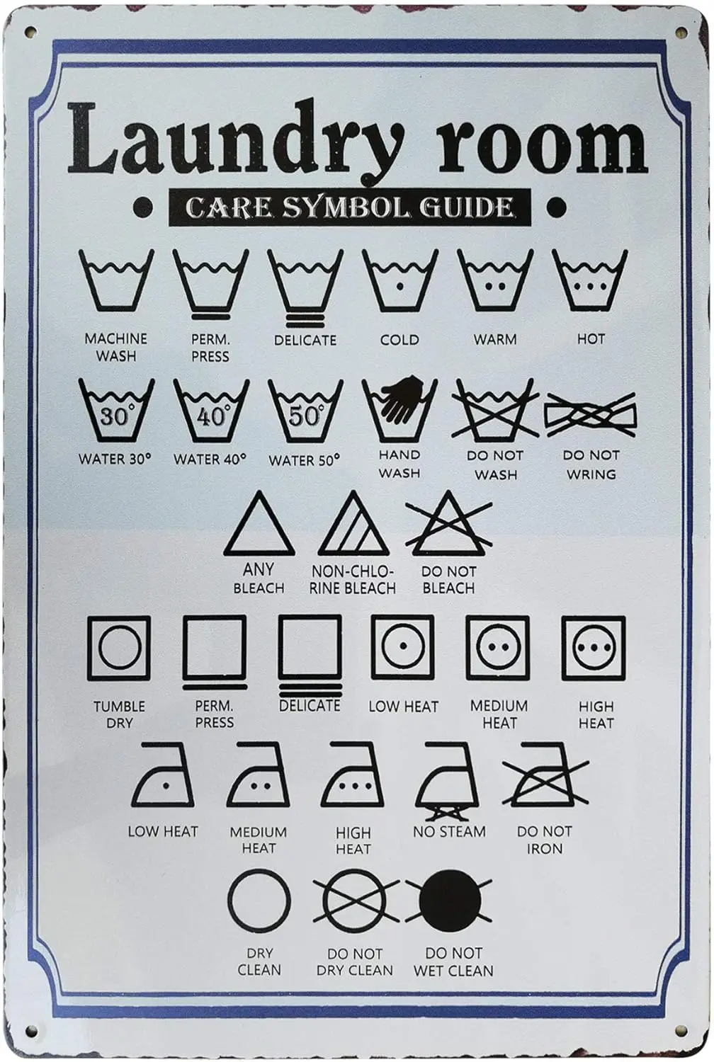 Laundry Room Care Symbol Guide Vintage Metal Sign Home Bathroom Decoration Wash Room Signs Country Home Decor 8X12Inch sign