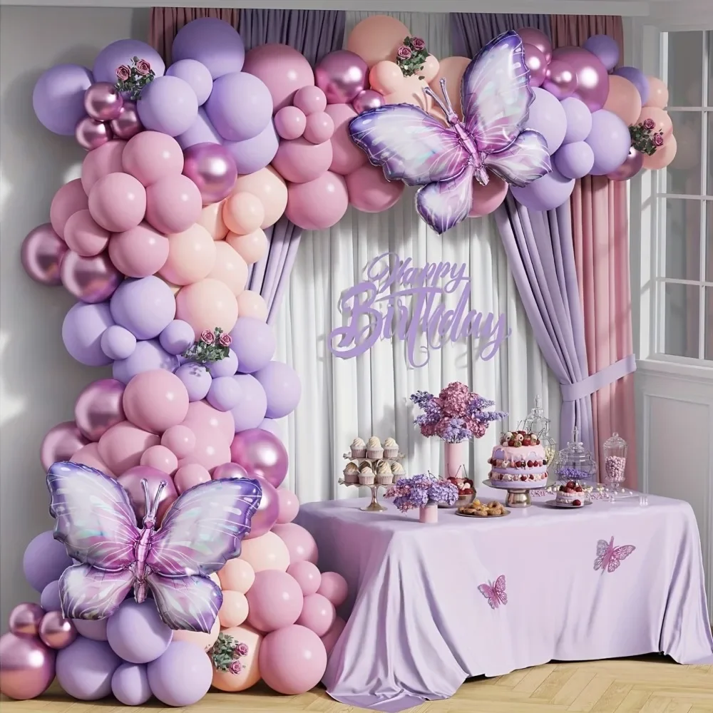 148PCS Butterfly Balloon Arch set, Macaron purple pink orange balloon, birthday party, wedding anniversary event decoration