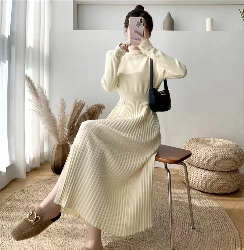 

New Knitted Long Dresses Women Half High Collar Long Sleeve Autumn Winter Bottoming Sweater Dress Split Korean Fashion Vestidos