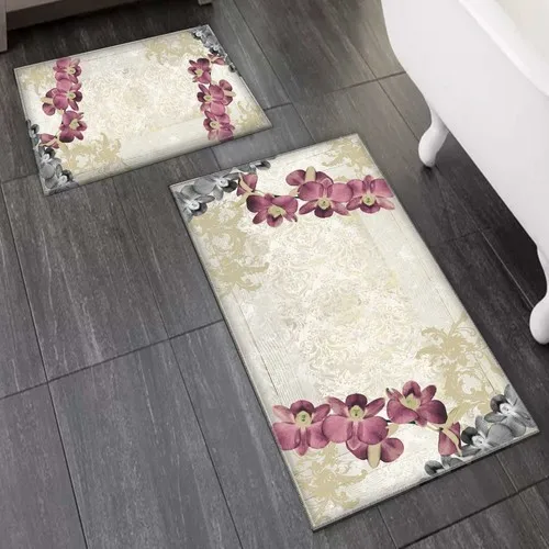 Else Carpet Else Purple Gray Roses Cream Vintage 2'li Toilet Seat Pad Bath Mat Set Mat