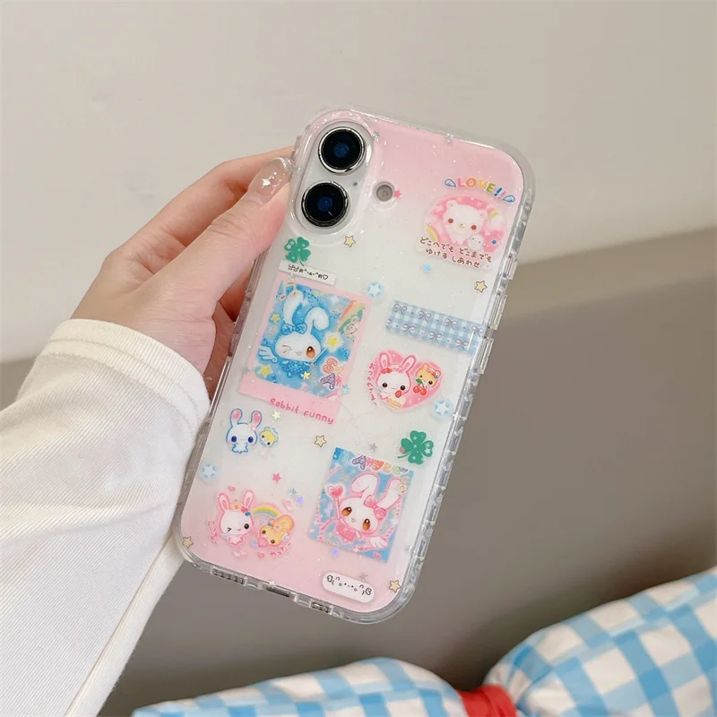 

Korea Cute rainbow Cartoon Rabbit Bling Glitte girl phone Case For iPhone 13 14 15 16 Pro Max Disneys Glitte protect Cover