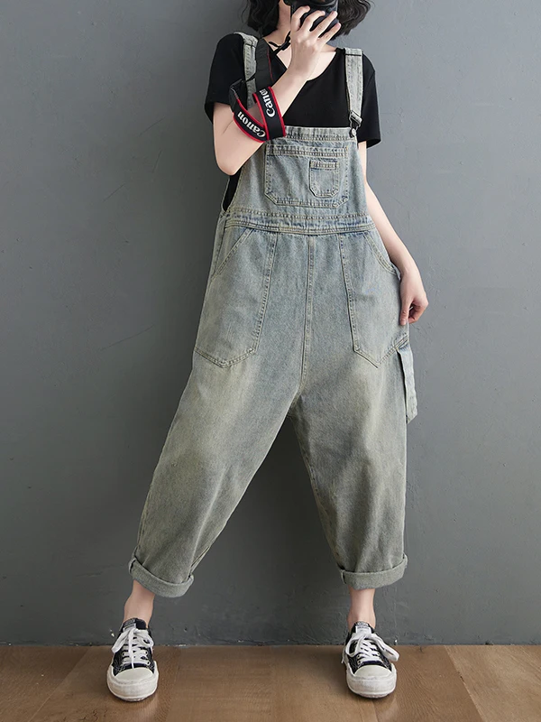

Retro Denim Overalls Women's High Waist Slim Fit Casual Wide Leg Trendy Nine-Piece Jeans Pants Spring Summer New Arrival