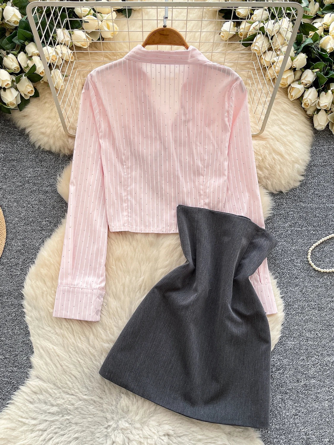 Ele ストライプロングスカート レディース ハイウエスト スリムフィット 蝶ネクタイスカート ツーピースセット 通勤スカート 秋服