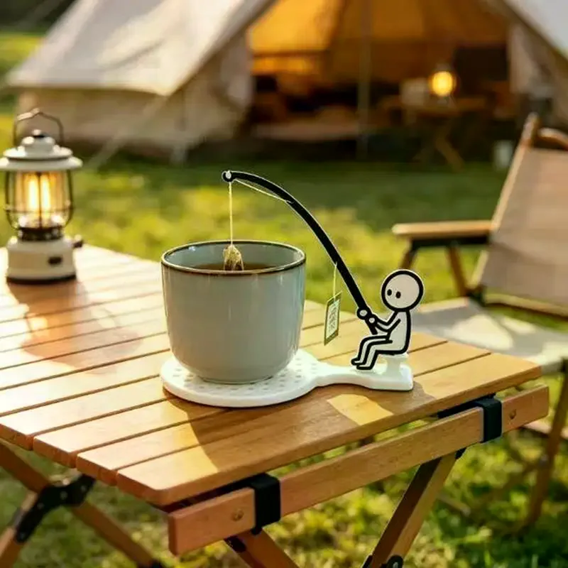 1Set Creative And Fun Little Man Fishing Coaster Tea Bag Holder With Stretchable Teacup Clip Control Interest Drinking Tool