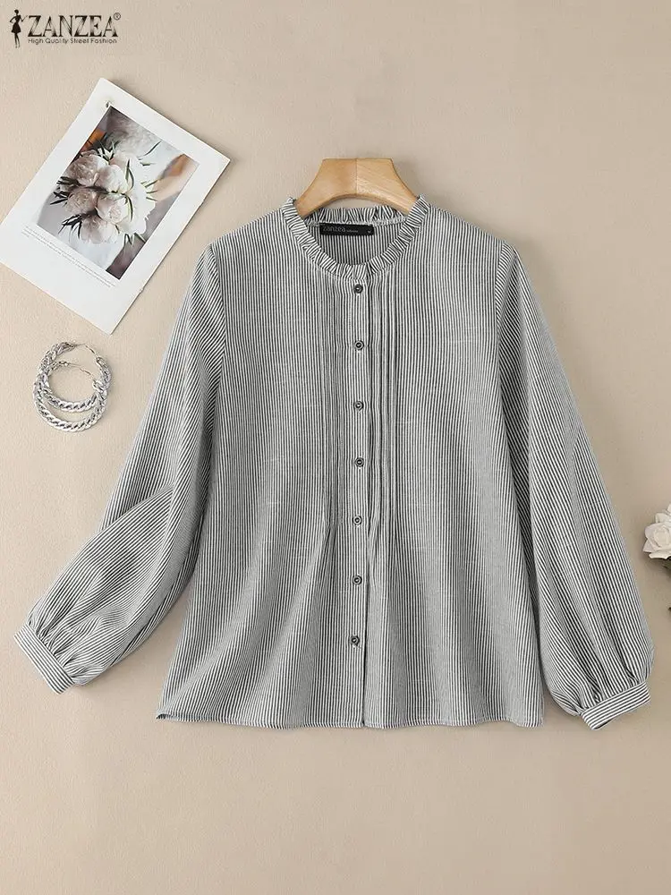 カジュアル女性ピンタック詳細ストライプシャツ秋 2025 フリル O ネックランタンスリーブボタンアップトップス ZANZEA 女性服 S-3XL