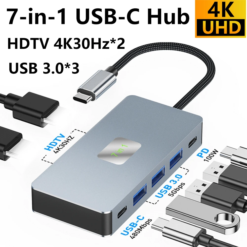 

USB-хаб 7-в-1 с двумя портами 4K30Hz HDTV, 3x USB 3.0 5Gbps, USB-C 480Mbps, PD 100W, алюминиевый корпус, для офиса, домашнего кинотеатра и ноутбуков