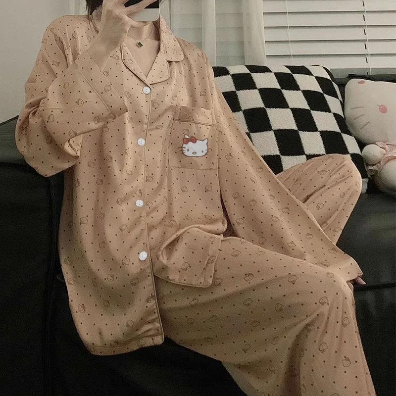 Anime Cute Sanrio Hollo Kitty Women\'s Pajamas Spring Autumn Long Sleeve Loose Casual Cartoon Print Homewear Set Gifts for Girls