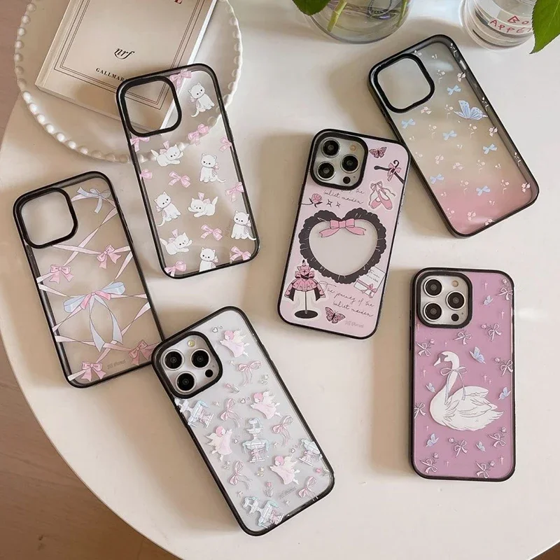 

Swan Bowknot 2.0 Acrylic Black Border Phone Case Cover for iPhone 11 12 13 14 15 Pro Max Case