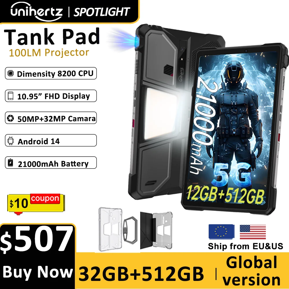 Unihertz Tank PAD Phone with Projector 8849 Rugged Tablet Dimensity 8200 Android 32GB 512GB 21000mAh 10.95