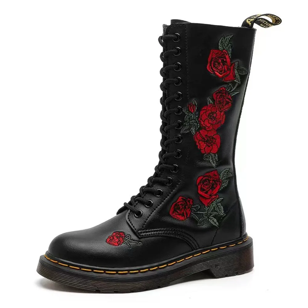 

2026 Women's Luxury Knee High Boots Rose Embroidery Genuine Leather Winter Riding Boots with Slip-Resistant Sole