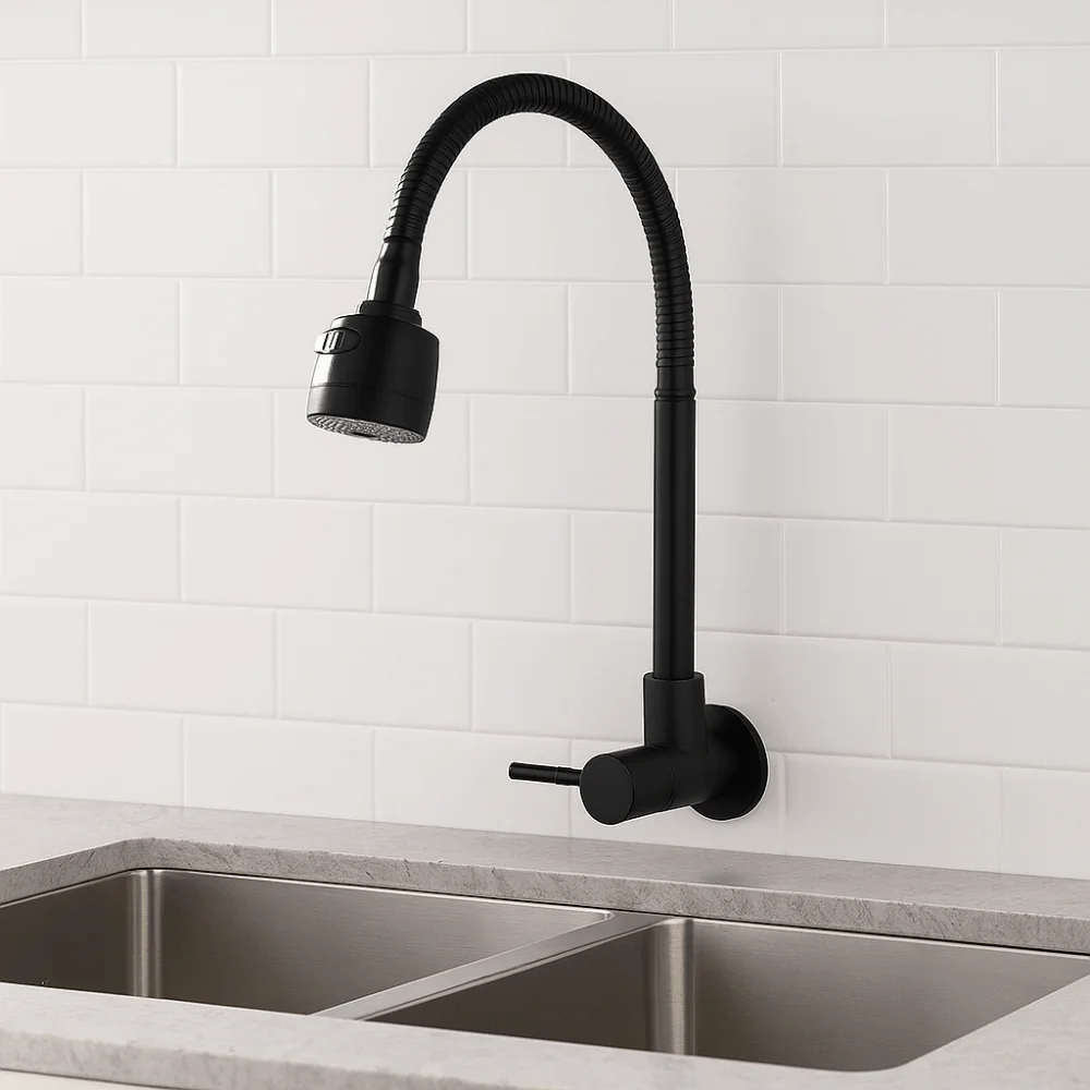 

Wall Mounted Flexible Hose Kitchen Faucet Stainless Steel Rotatable Sink Faucet Black 2 Modes Single Cold Water Tap Bathroom