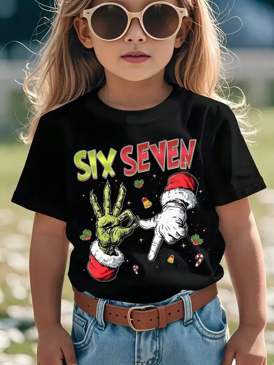 Six Seven Joke Santa Hands, White Green Red Logo Party Outfits, Year-Round Wear Girls And Funny 67 Number Ice Cream Drip Meme 100% Cotton Kids Trendy Y2K Graphic Short-Sleeve Tee – Soft Quick-Drying Moisture-Wicking Casual Summer Top Perfect Gift