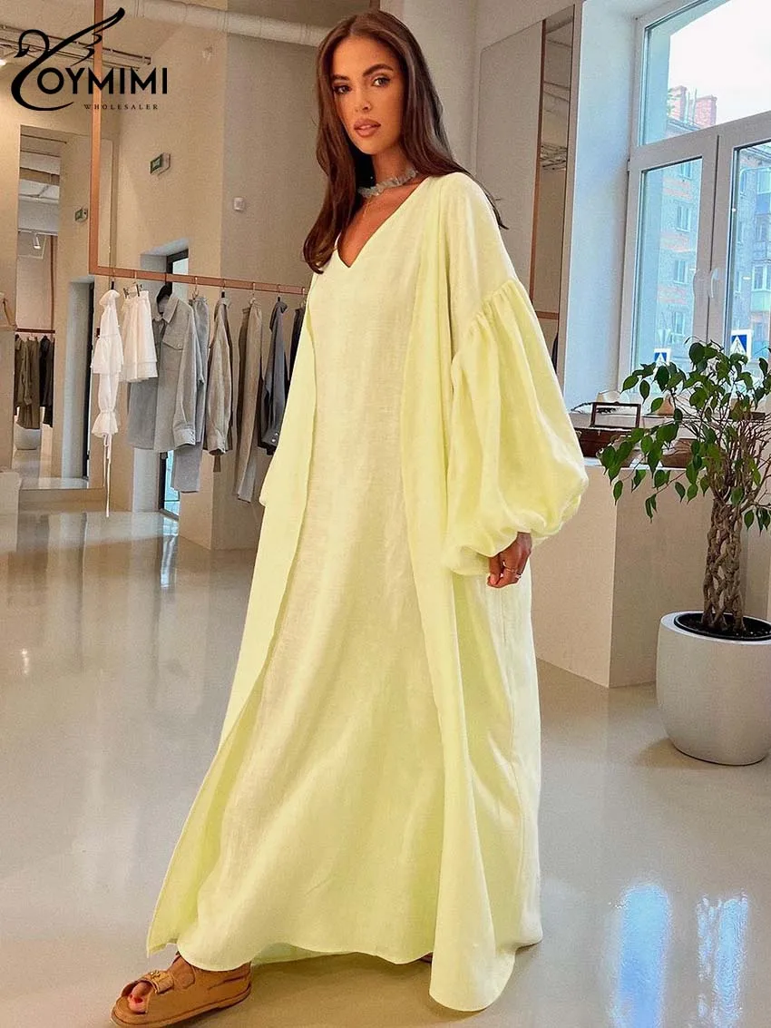 

Oymimi Elegant Yellow Cotton Hemp 2 Pc Sets Womens Outfits Casual Puff Sleeve Robe And V-Neck Sleeveless Floor-Length Dress Sets