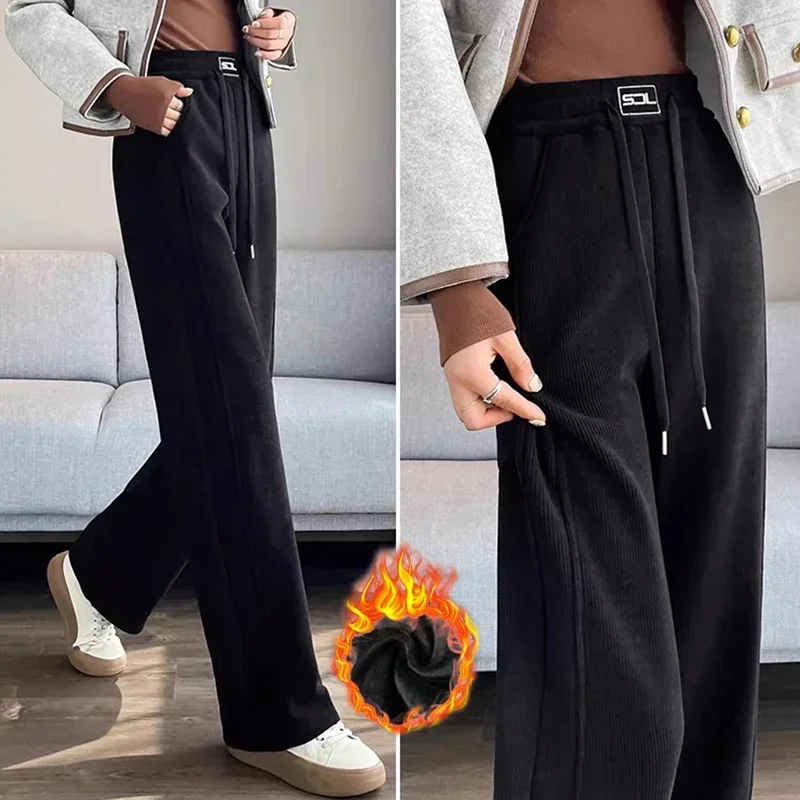 2024 Women Winter Retro Style Comfortable High Waisted Long Pants Lady Chic Leisure Wide Leg Straight Leg Plush Thermal Trousers