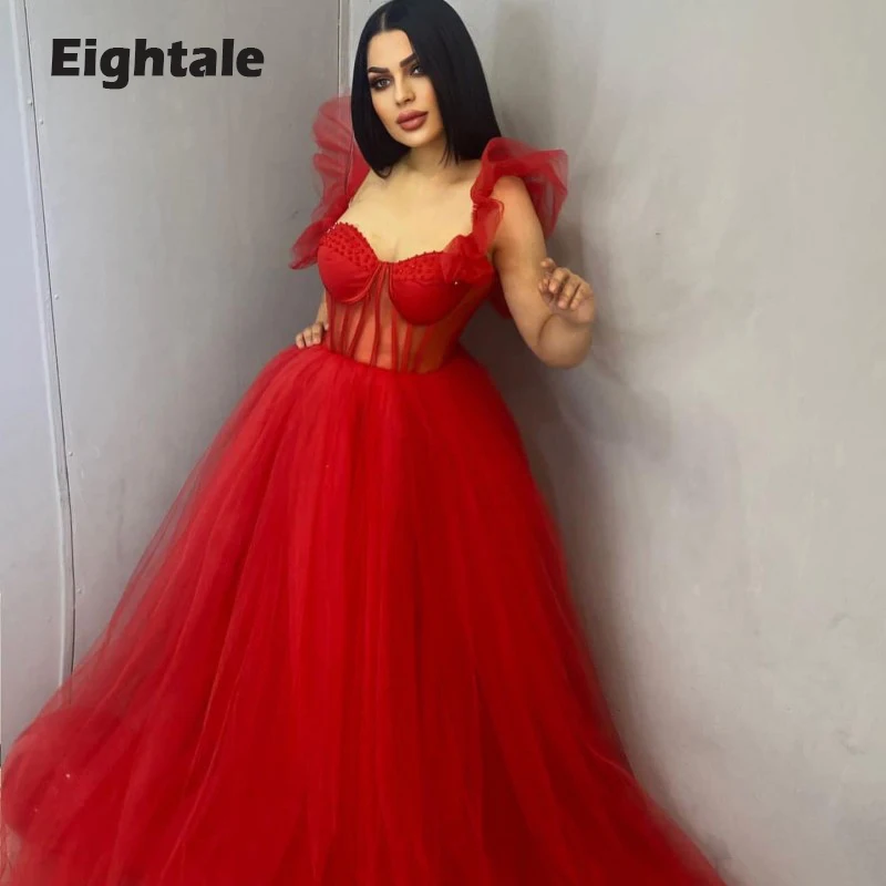 

Eightale Red Prom Dresses Sweetheart Beaded Tulle Ball Gown Boning Evening Gown for Wedding Arabic Party robe de soirée