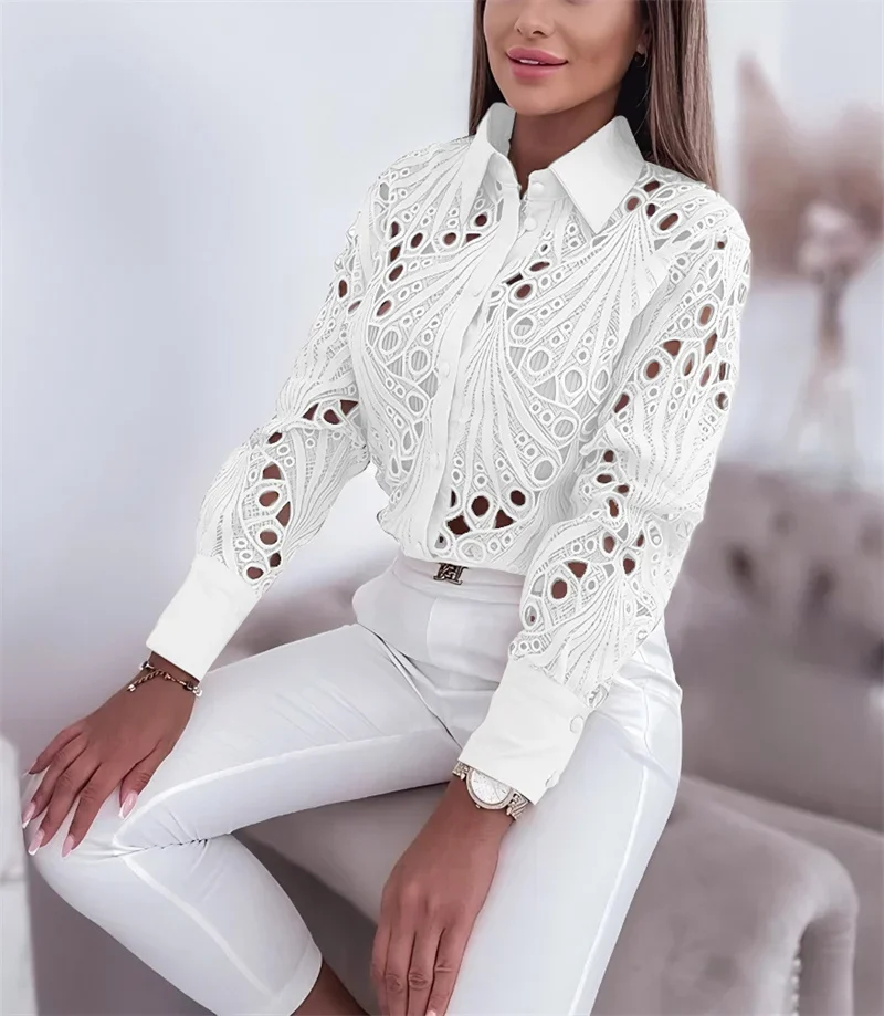 

Women's Elegant Fashion Lace Hollow out Lapel Collar Blouses 2025 Spring Style Blouses Shirts Lady Casual Long Sleeve Shirts