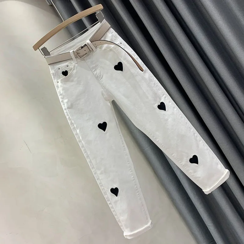 High Waisted White Jeans Women Slim Fit Fashion Harun Denim Pants New Spring Autumn Chic Embroidery Casual Jean Pantalon Femme