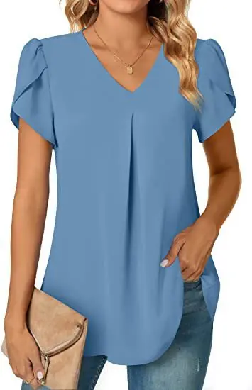 

Top Women 2023 Spring Fashion V-Neck Petal Sleeve Casual Daily Plain Short Sleeved Simple T-Shirt Top Y2K Clothes