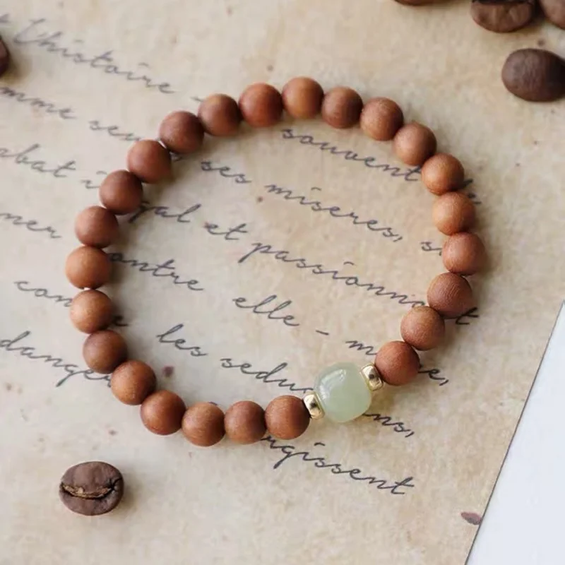 White Sandalwood Bracelet Female Hetian Jade Bracelet SandalwoodInsSpecial-Interest Design Wooden Beads Girlfriends Ancient Styl