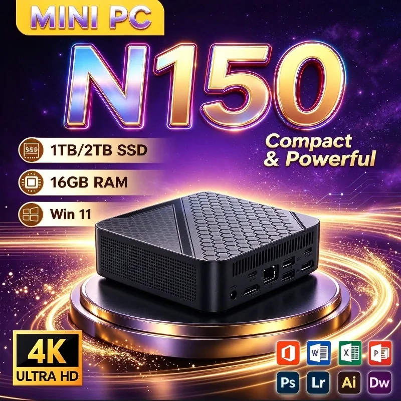 N150 Compact Mini PC Honeycomb Heat Dissipation Multiple Interfaces Space Saving Portable Desktop Computer for Office Home