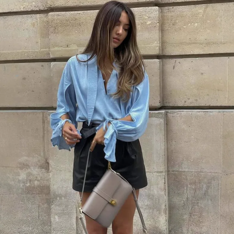 Summer Long Sve Casual irt Loose Fit Pure Color Turn-down Collar Women's Street Sle Faion Button up Top