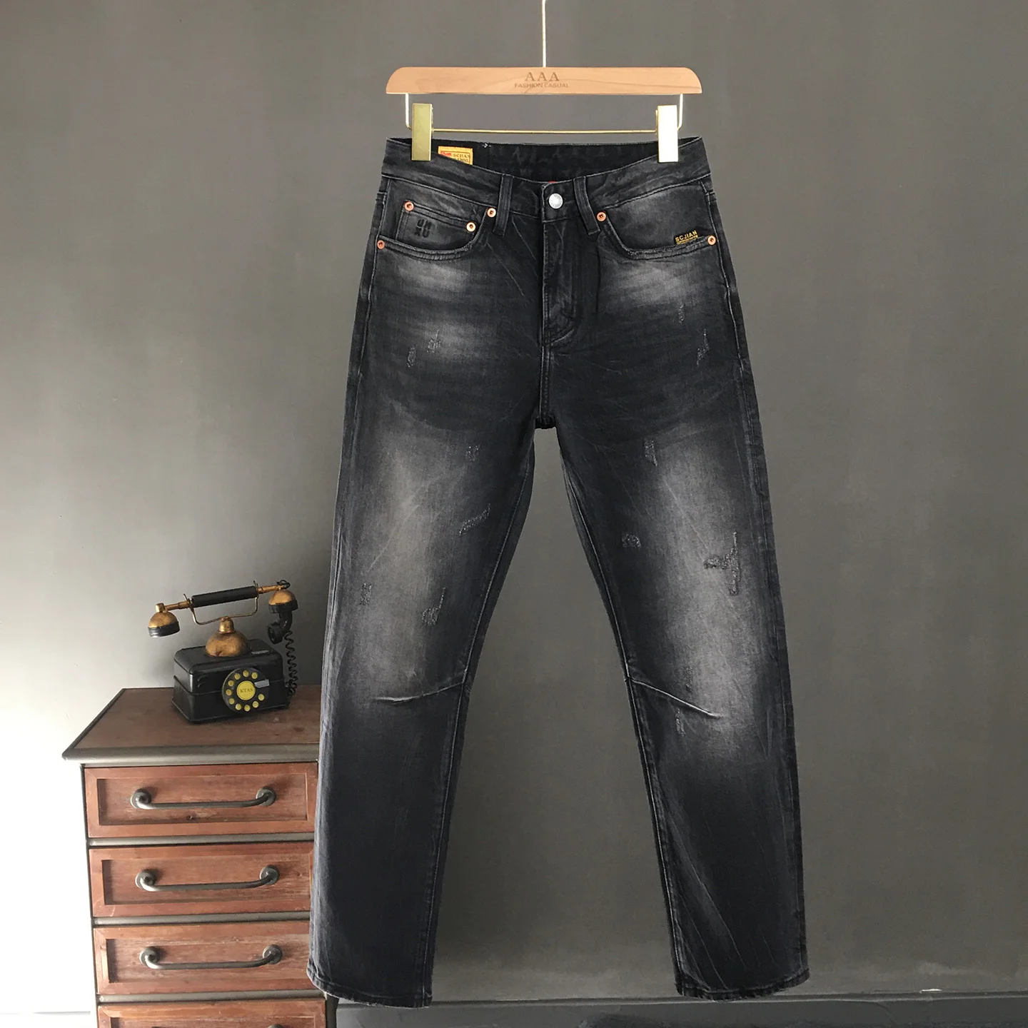 

Мужские осенне-зимние тяжелые джинсы, американские винтажные обычные прямые брюки, европейско-американские черные, серые потертые брюки нового стиля