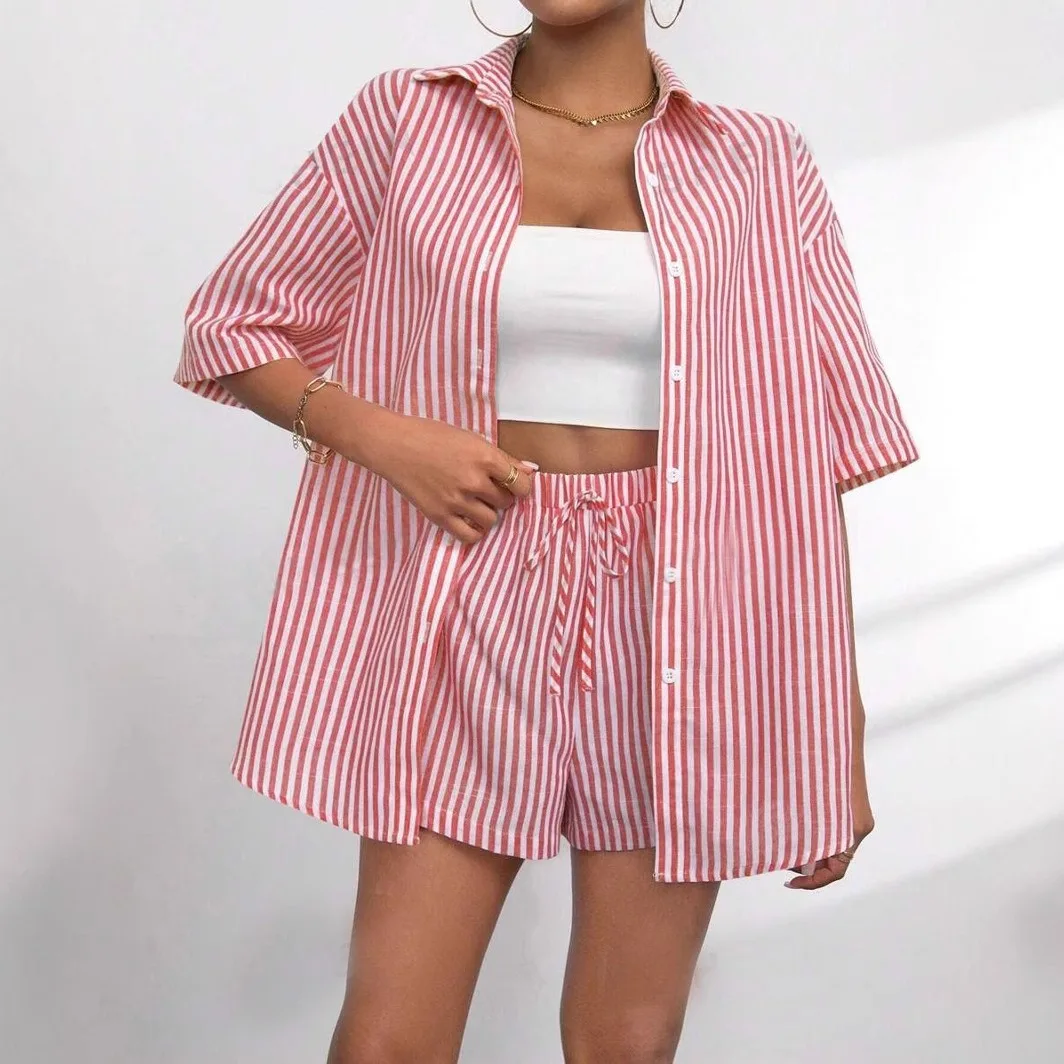 Women Shorts Pant Set Two Piece Sets Turn Down Collar Casual Loose Shirt Striped Short Pants Elastic Waist Y2k Streetwear 2026 - view 3