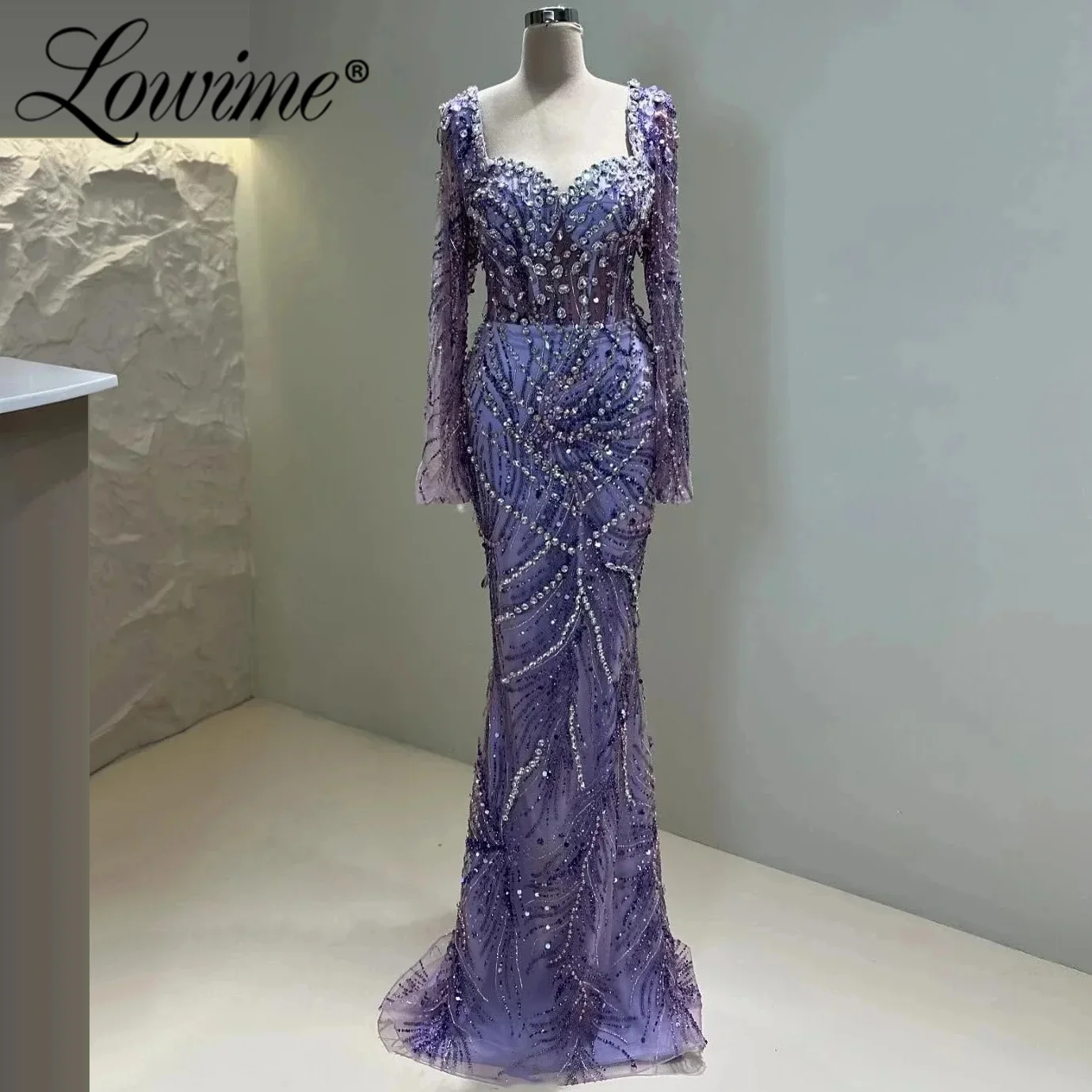 

﻿2026 Exquisite Purple Evening Dress Long Sleeve Sequined Crystals Rhinestone Arabic Formal Party Gowns Customized Prom Dresses
