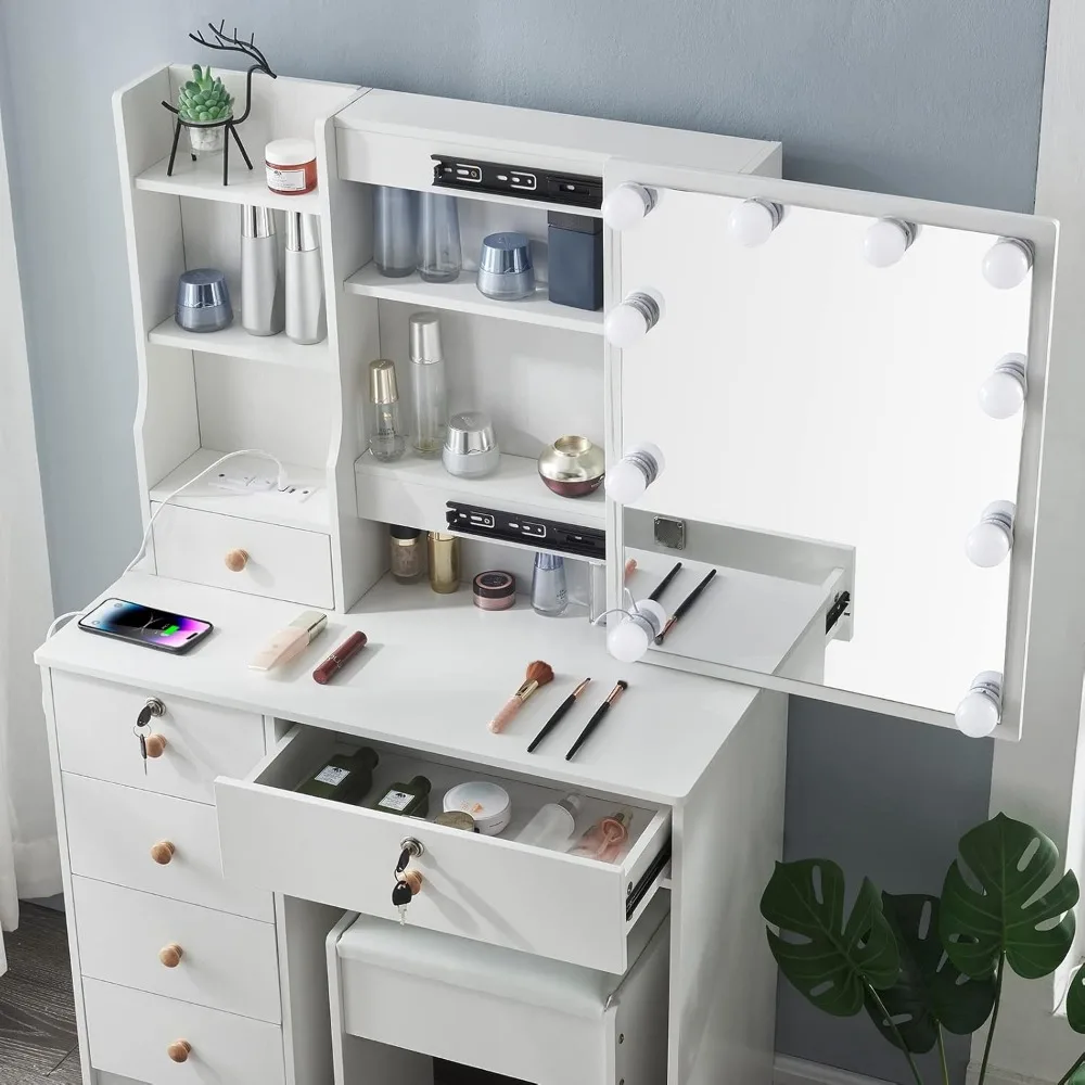 Makeup Vanity with LED Mirror & Power Outlet, White Makeup Vanity Set, Clearance Makeup Vanity with 3 Lighting Colors, Brightnes