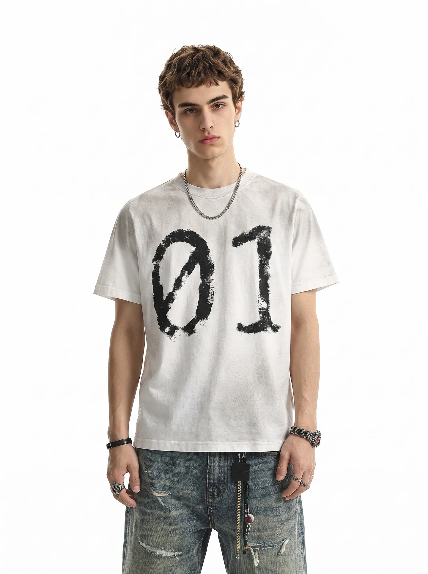 BETEBULE American High Street Vintage Digital Print Short Sleeve T-Shirt Men Summer Trendy Loose Top Breathable Comfortable
