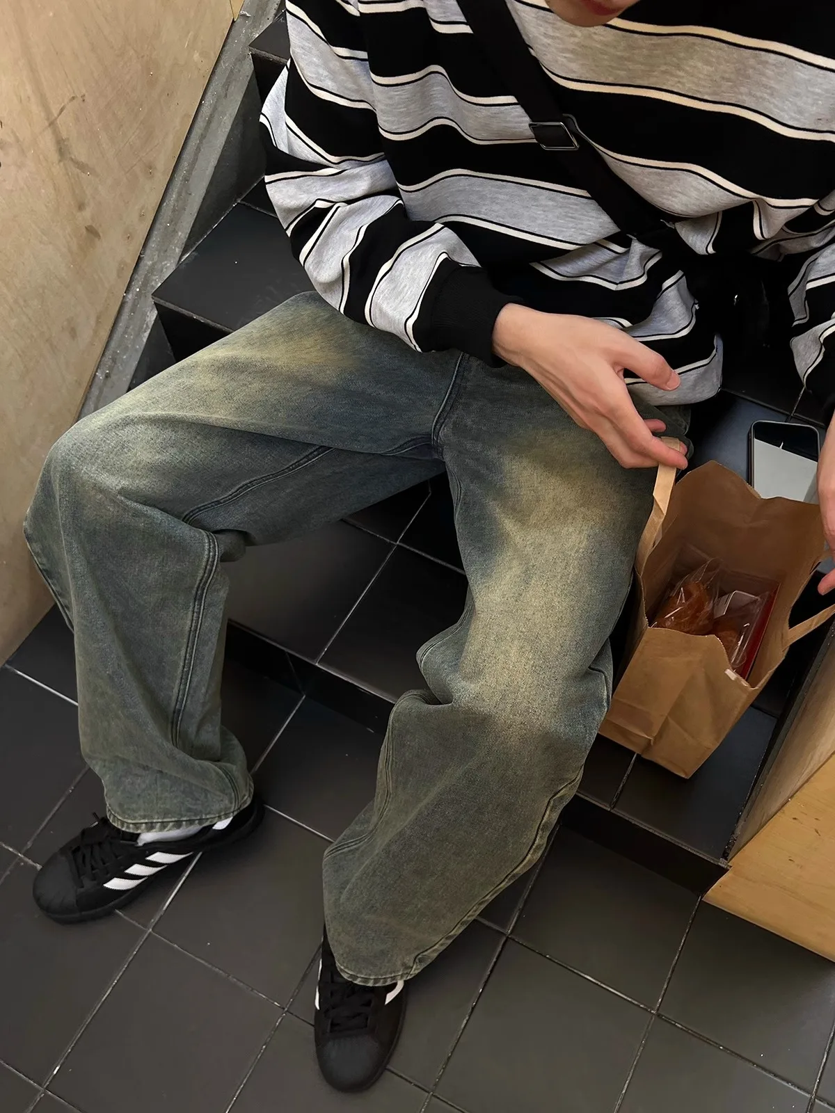 

Retro American Washed Mud Dye Men's Jeans Loose Straight Leg Casual Versatile 2024 New Fashion Loose Wide Leg Pants