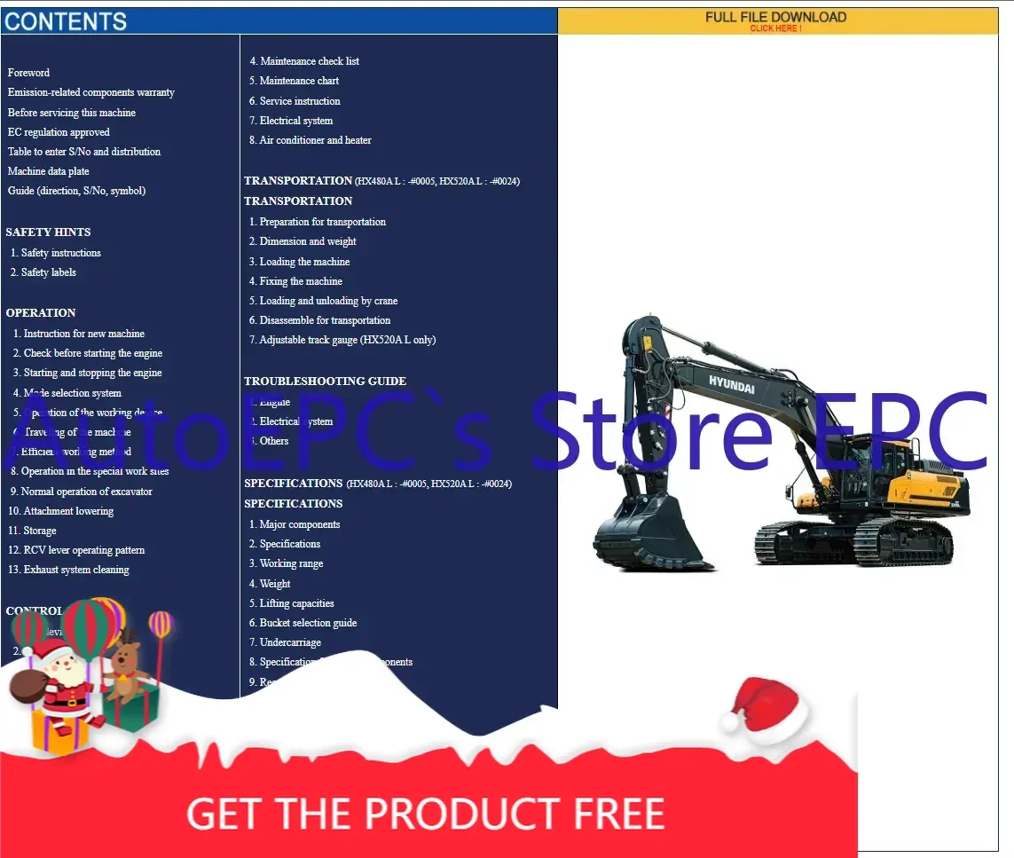 

Полочные услуги гусеничных экскаваторов и колесных экскаваторов AutoEPC 2022, для Hyundai