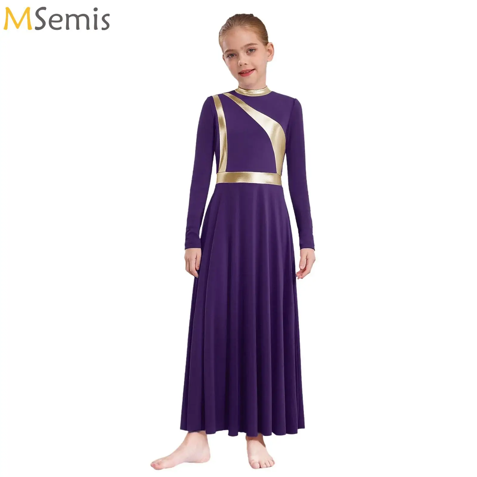 

Kids Girls Etiquette Praise Dance Dress Metallic Long Sleeve Church Christian Worship Choir Costume Modern Lyrical Dancewear