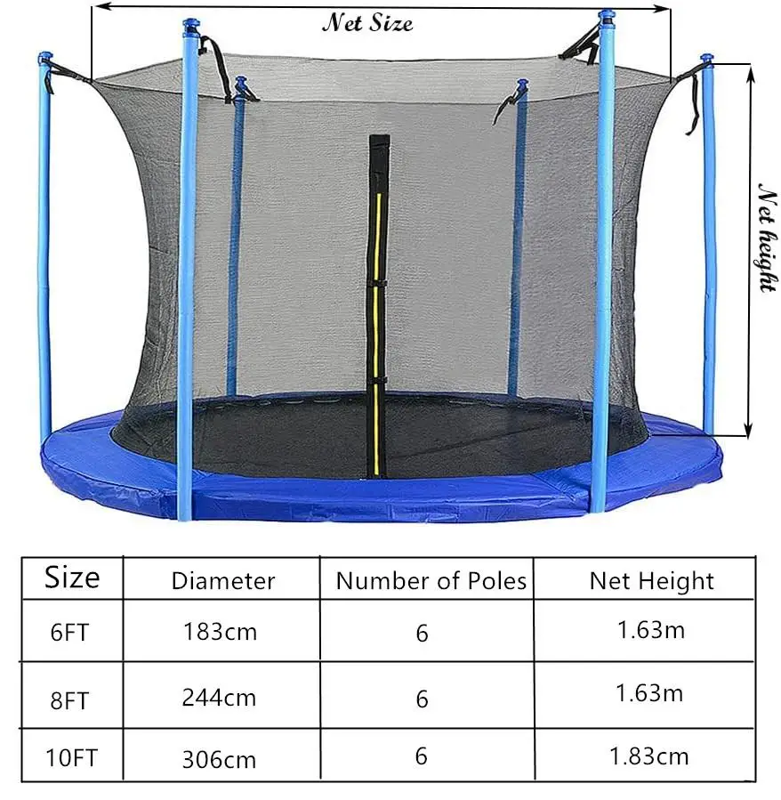 6/8/10FT Trampoline Replacement Safety Net Weather-Resistant Protection Net with Double-Headed Zipper for Kid Outdoor Sports