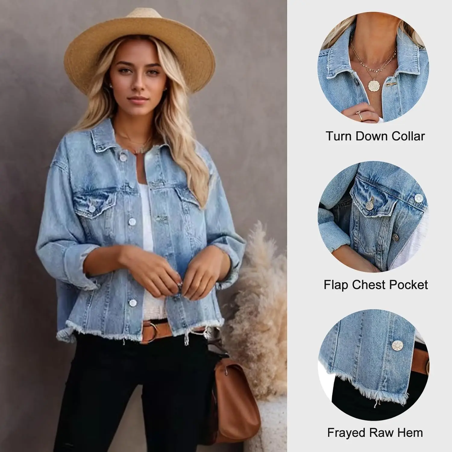 Women Jean Frayed Washed Button Up Cropped Denim With Pockets