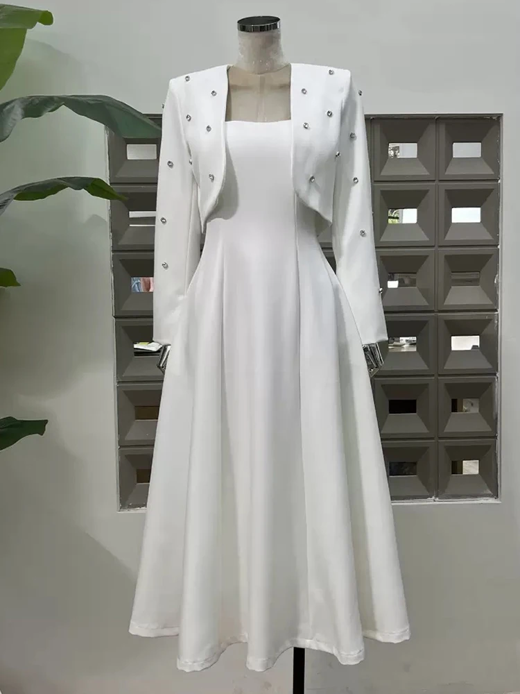 高級感のある秋の新作レディースドレス、ラインストーン付きスリムジャケットトップ+大きなAラインサスペンダードレス、上品なツーピーススーツ