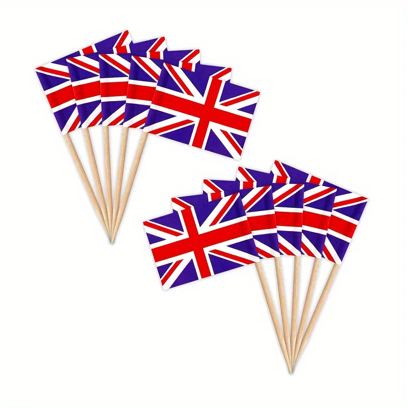 100 peças, palitos de bandeira britânica, topper de copo, bastão de frutas de coquetel, etiqueta de comida de buffet de festa, etiqueta de queijo de prato