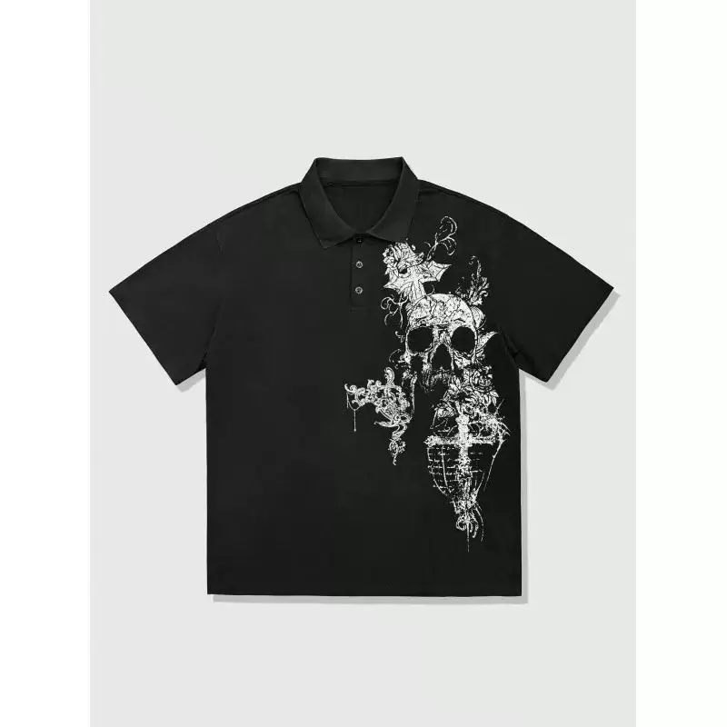 American Street Black and White Polo Shirt, Shoulder Length Short Sleeved T-shirt, Summer Y2k Subculture Short Sleeved Top