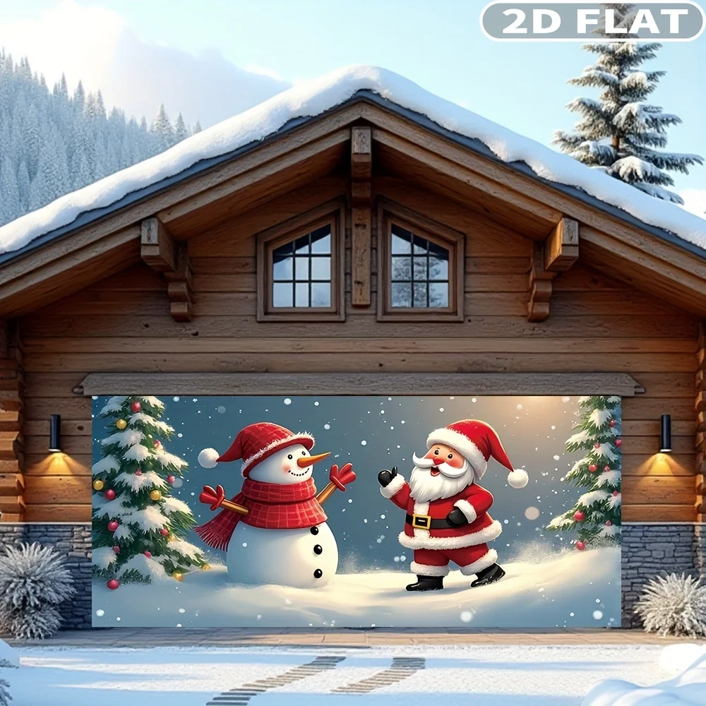 

1pc Extra Large Christmas Garage Door Decorations / Christmas Banner - Santa Claus And Snowman Holiday Outdoor Decor