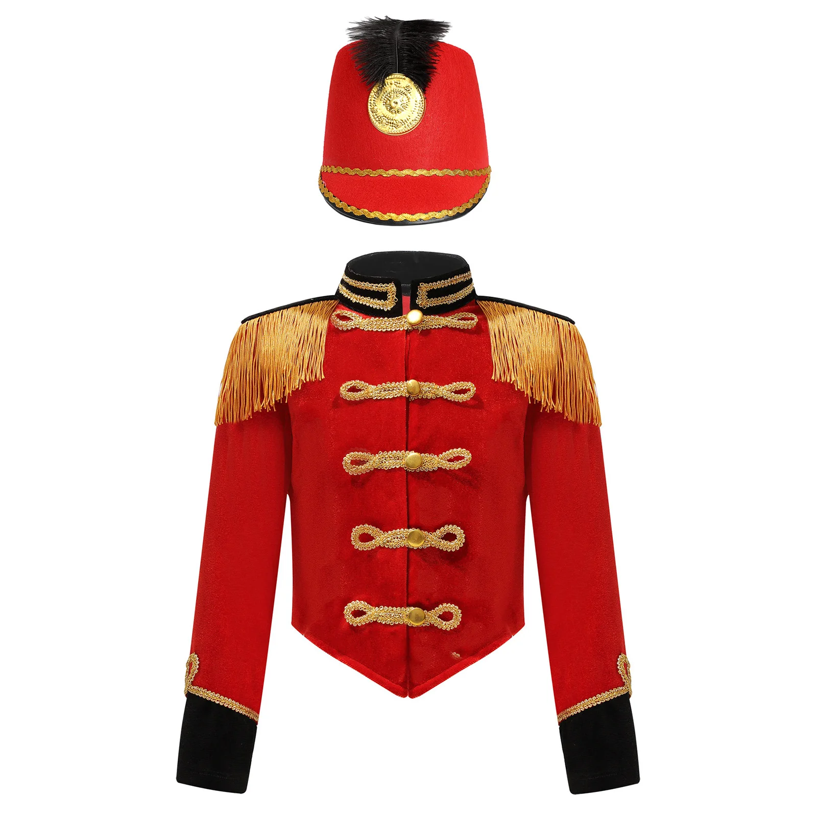 Kids Girls Drum Trumpet Marching Band Performance Uniform Circus Ringmaster Cosplay Costume Fringe Epaulet Jacket Coat with Hat