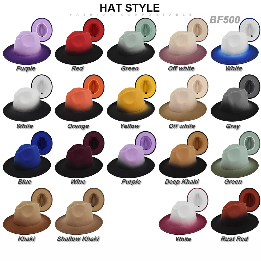 Winter Woman Two-tone Gradient Color Imitate Wool Fedora Hats Floppy Church Derby Top Hat Panama Men British Style Jazz Cap