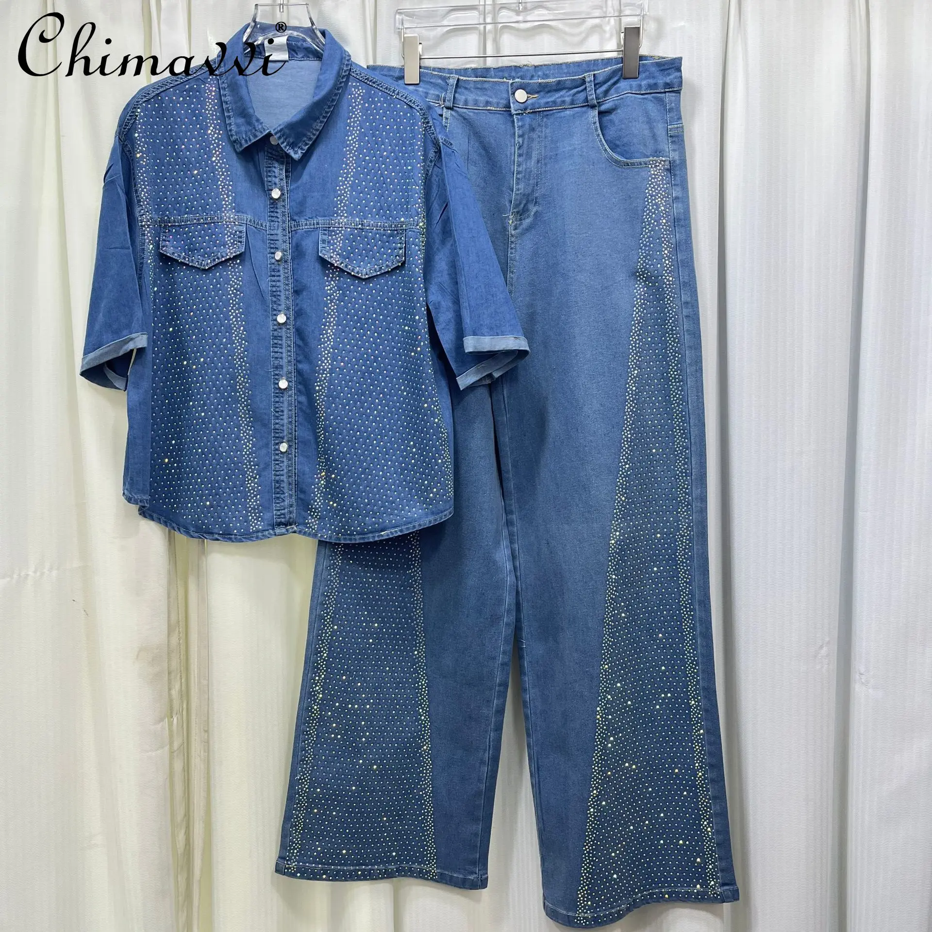 

Summer New Fashion Turn-down Collar Denim Shirt Top Women's Rhinestone Straight-leg Denim Set Short-sleeve Top Wide-leg Pants