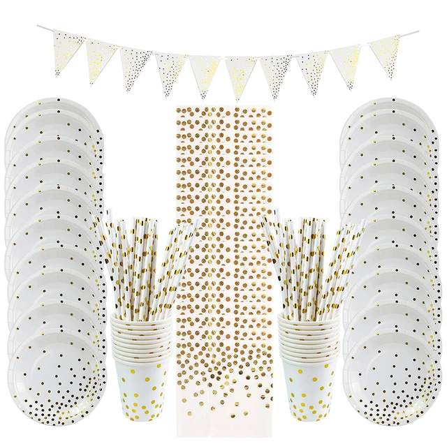 Jednorazowa zastawa stołowa Wedding Gold Dot Pink White Rose Gold Party Plates Cups Napkin Tablecloth Straws for Wedding Birthday Party