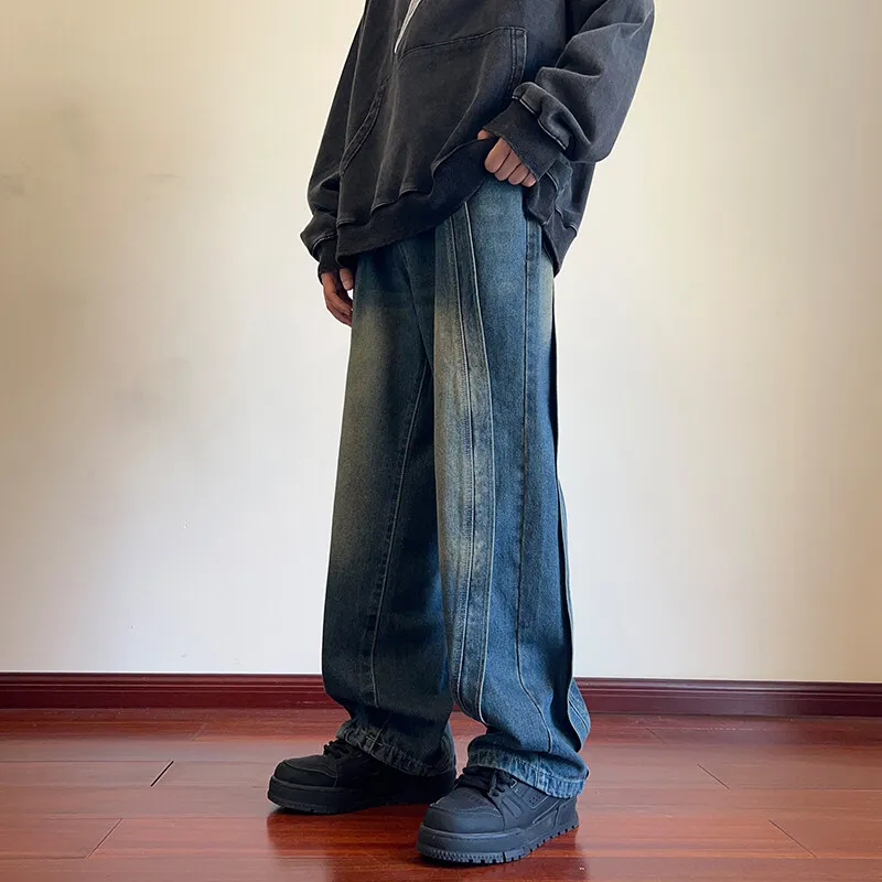 

Destroyed Stitching Jeans Men's Blue Washed Jeans Gothic Style Street Trend Clothing Retro Loose Wide Leg Pants straight jeans