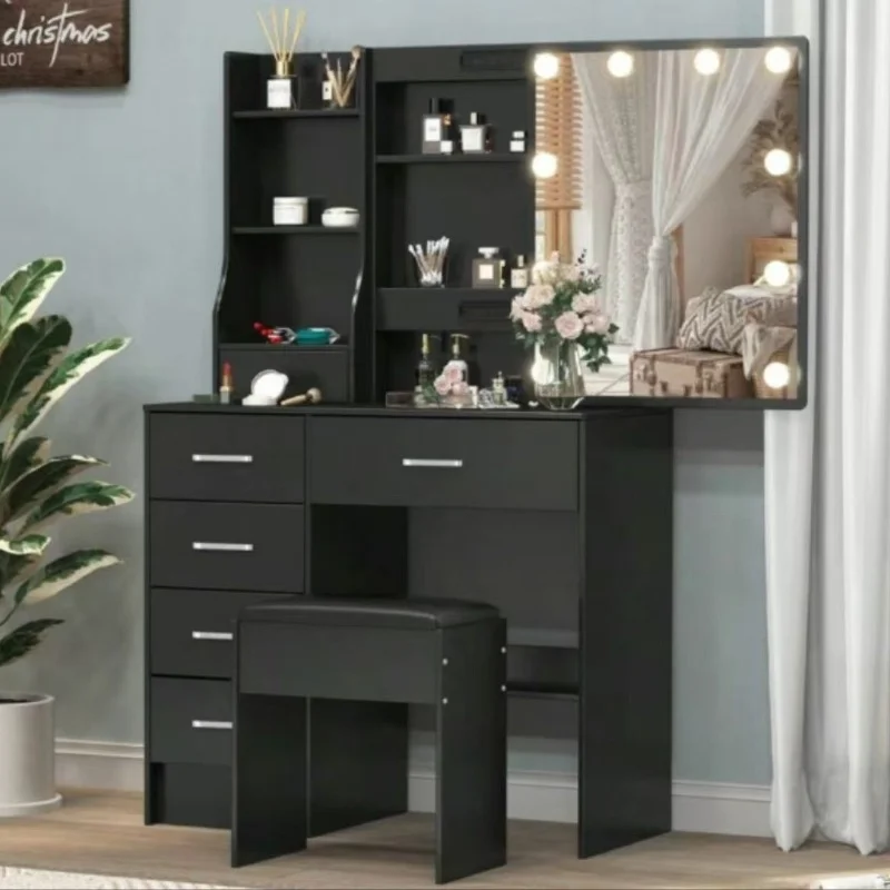

Black wood makeup dresser with sliding mirror open shelf light
