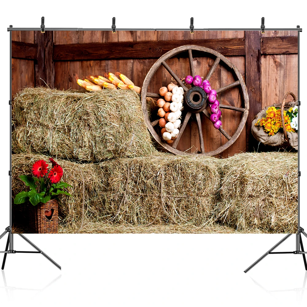 Farm Haystack Photography Backdrop Autumn Old Wooden Warehouse Rural Wood Wheel Children Portrait Photocall Photo Background