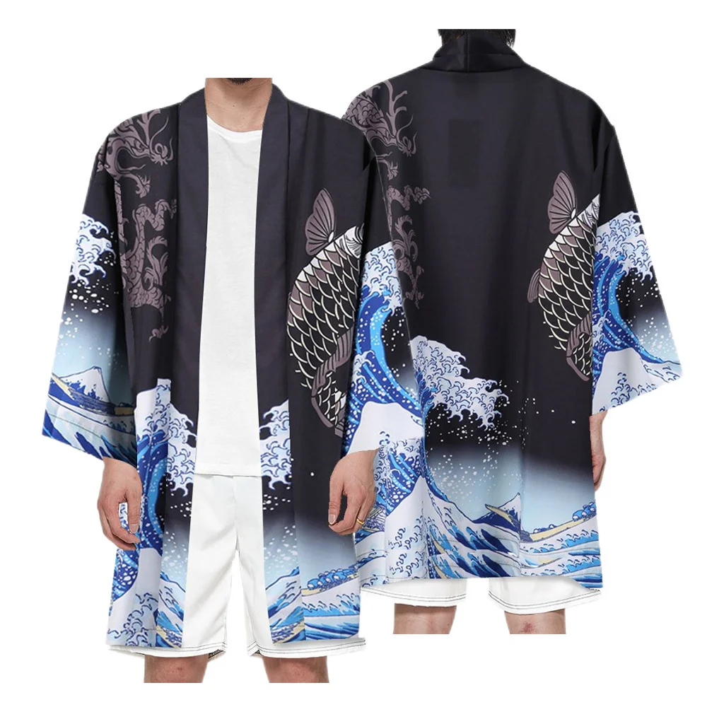 Men's Japanese Long Kimono Cardigan Men's Samurai Costume Kimono Flower Crane Kimono Shirt Yukata Outer Cover Cosplay Costume